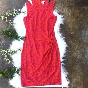 Cache Coral Pink Floral Design Ruched Dress